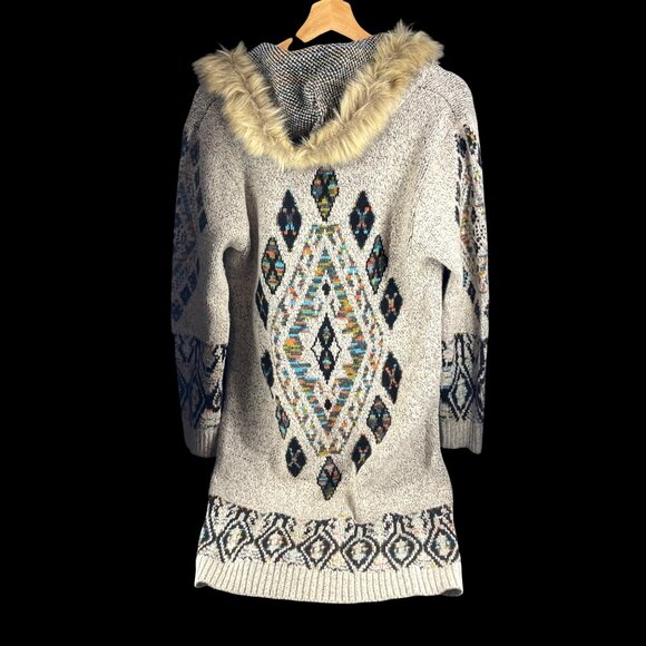 Northern Angel Bohemian Tribal Pattern Hooded Cardigan with Faux Fur Trim Size S - Picture 2 of 5